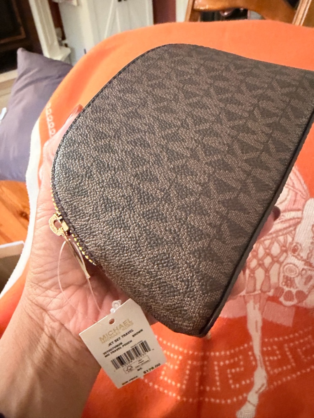 Michael Kors Brown and Gold MK Logo Dome Cosmetic Case - Picture 2 of 8